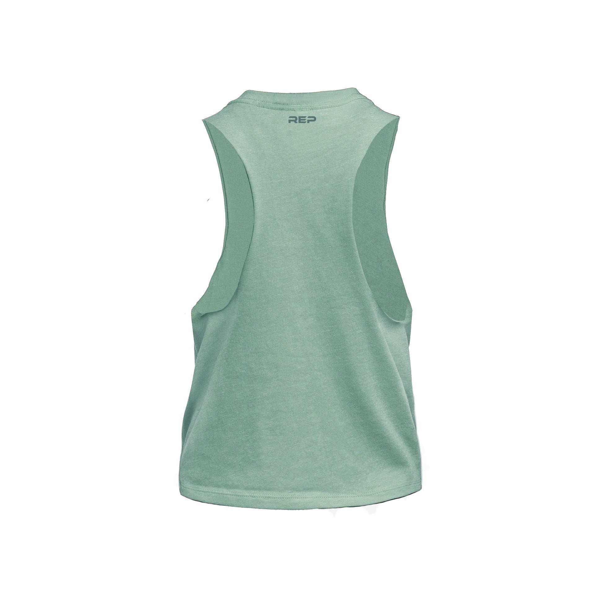 Back of Heather Sage/Sage Women's Peak Cropped Dual-Blend Tank showing REP logo