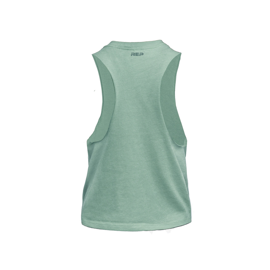 The REP Fitness Women's Peak Cropped Dual-Blend Tank in Heather Sage/Sage back