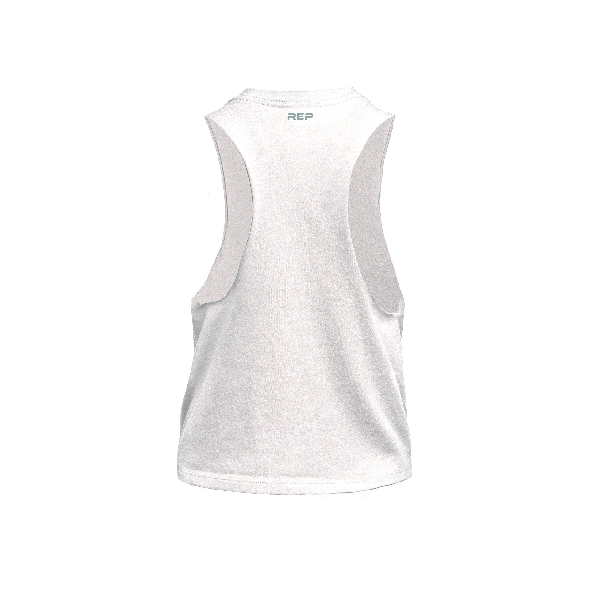 Back of White/Aqua Gray Women's Peak Cropped Dual-Blend Tank showing REP logo