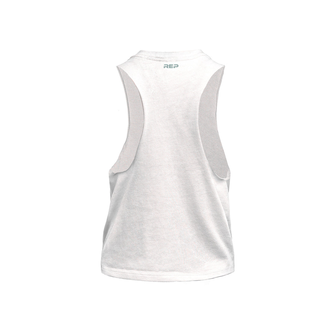 The REP Fitness Women's Peak Cropped Dual-Blend Tank in White/Aqua Gray back