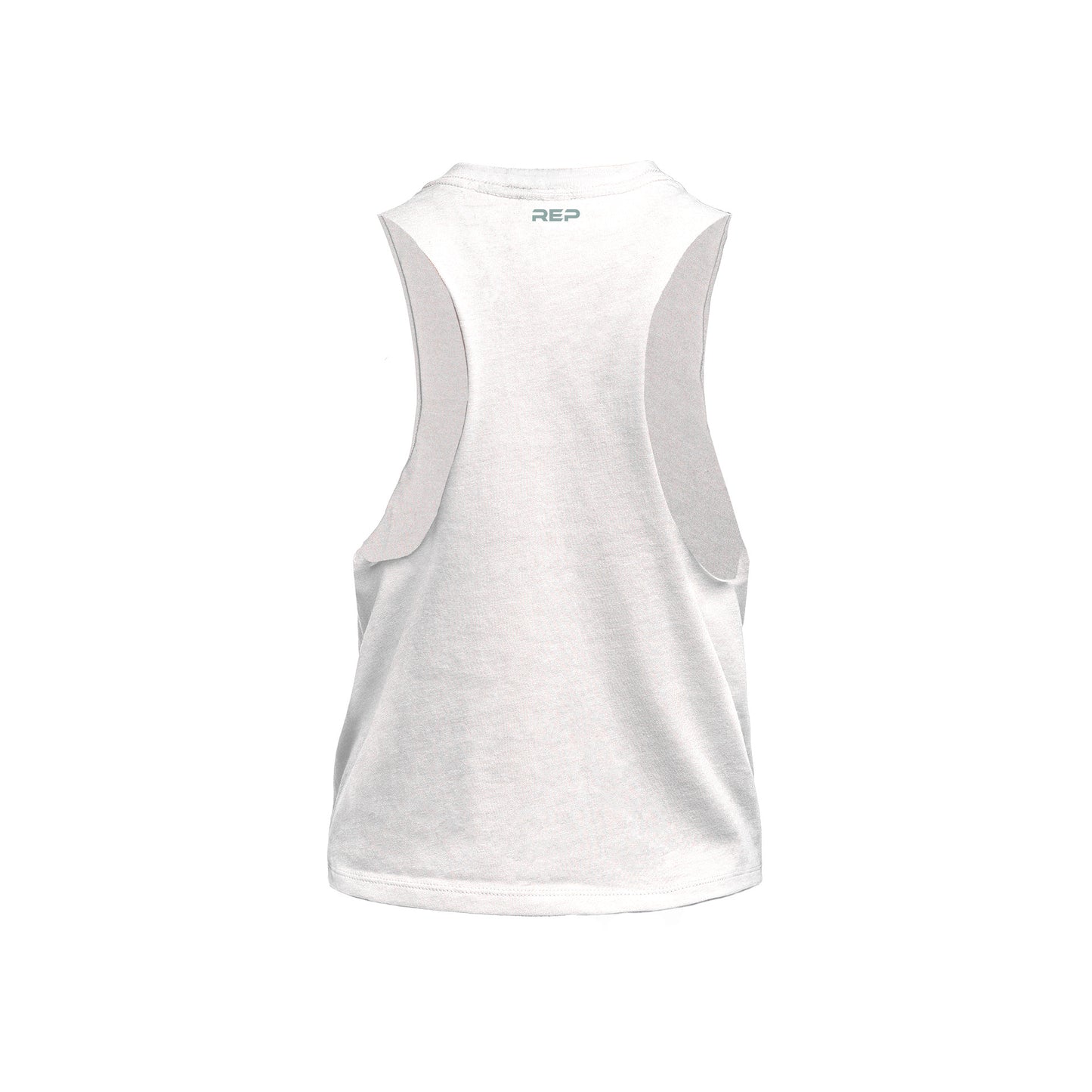 Back of White/Aqua Gray Women's Peak Cropped Dual-Blend Tank showing REP logo