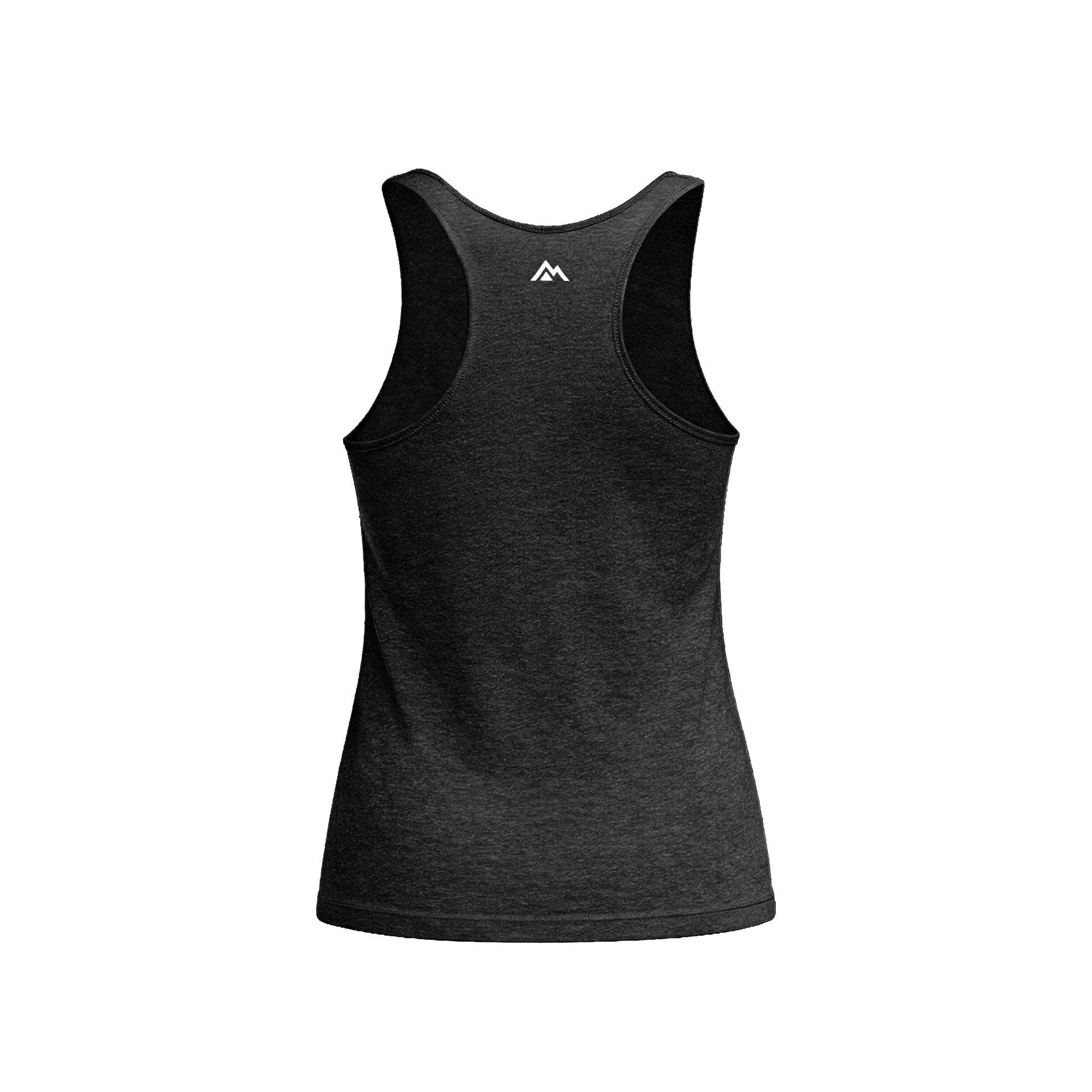Women’s Rise Tri-Blend Tank in Black  with a logo on the back against a white background