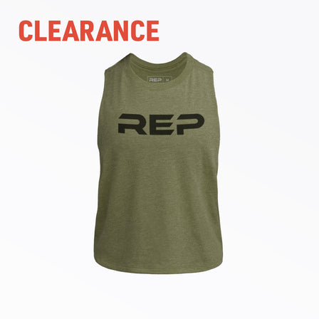 Studio shot: The REP Women's Daily Driver Cropped Dual-Blend Tank in Olive with a Black graphic