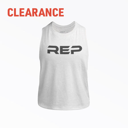 Studio shot: The REP Women's Daily Driver Cropped Dual-Blend Tank in White with a Navy graphic