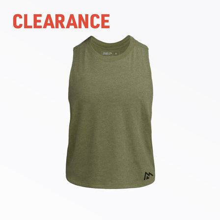 Studio shot: Women's Peak Cropped Dual-Blend Tank in Olive with a Black graphic