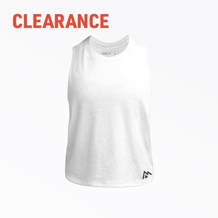 Studio shot: Women's Peak Cropped Dual-Blend Tank in White with a Black graphic