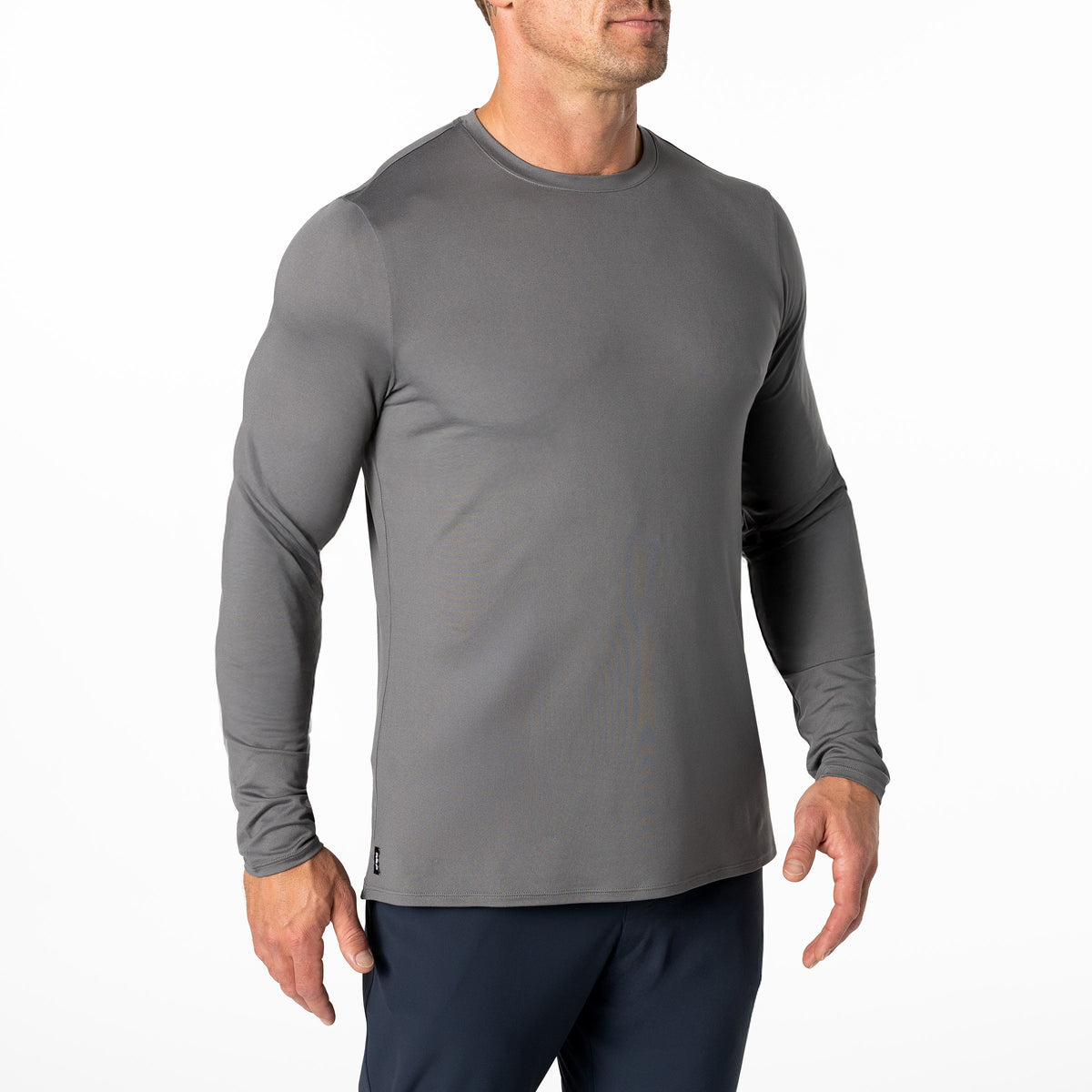 The REP Fitness Men's Delta Long Sleeve Crew T-Shirt in Heather Cool Gray front