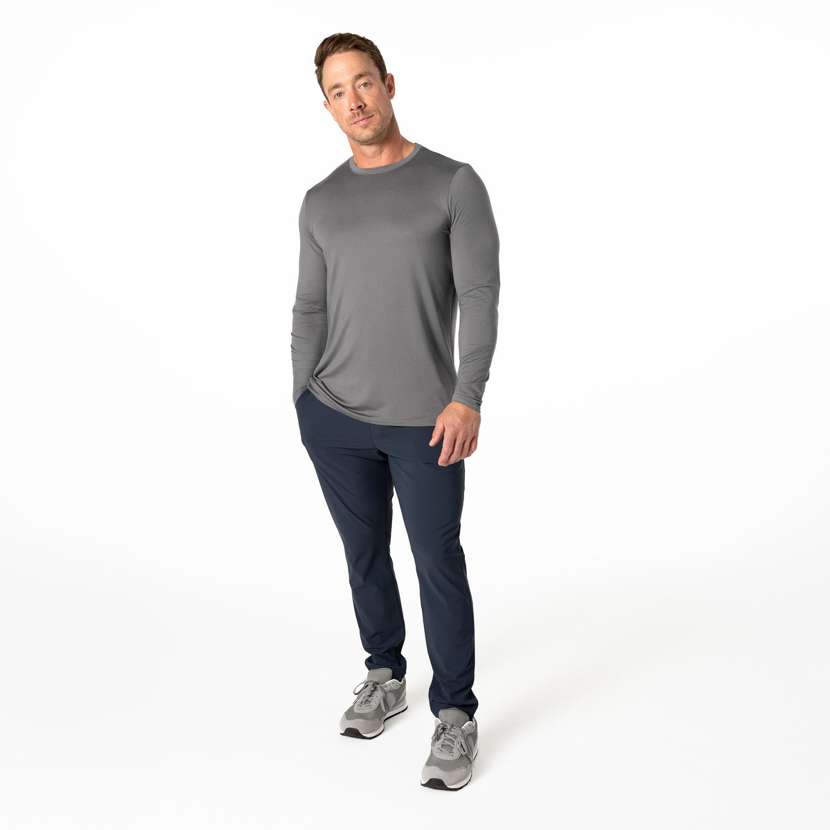 The REP Fitness Men's Delta Long Sleeve Crew T-Shirt in Heather Cool Gray lifestyle