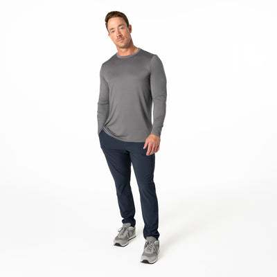 The REP Fitness Men's Delta Long Sleeve Crew T-Shirt in Heather Cool Gray lifestyle