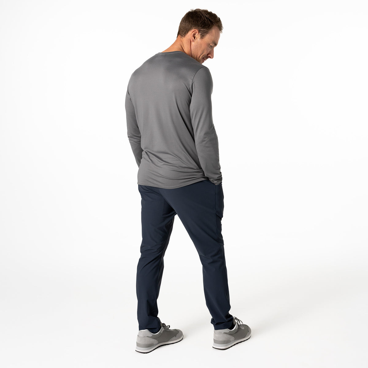 The REP Fitness Men's Delta Long Sleeve Crew T-Shirt in Heather Cool Gray back profile