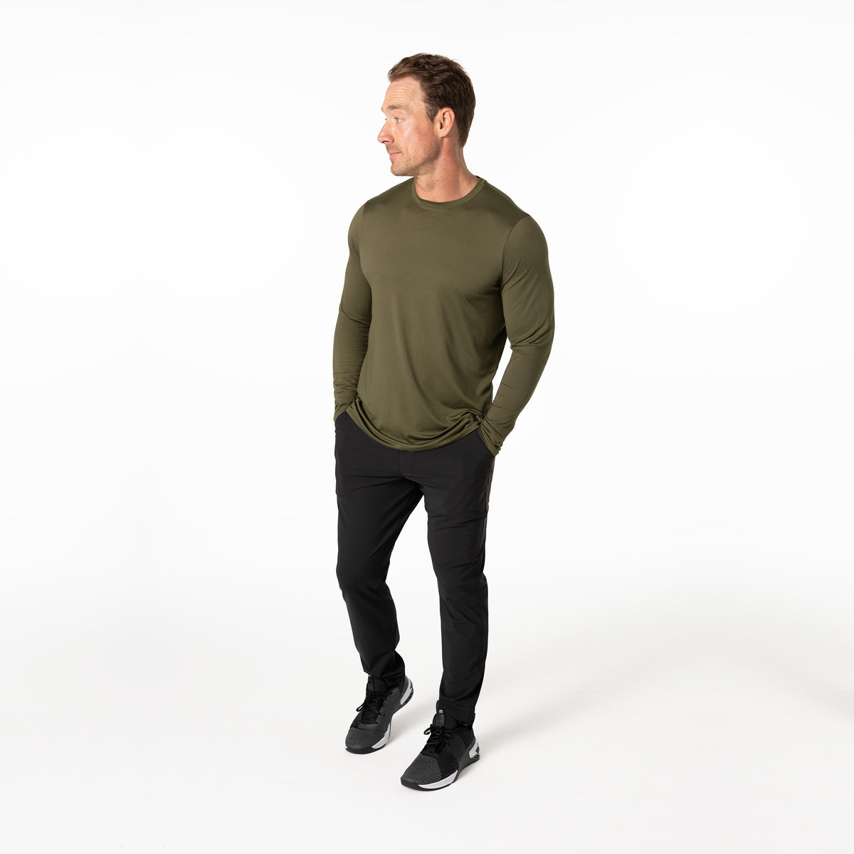 The REP Fitness Men's Delta Long Sleeve Crew T-Shirt in Heather Olive side profile