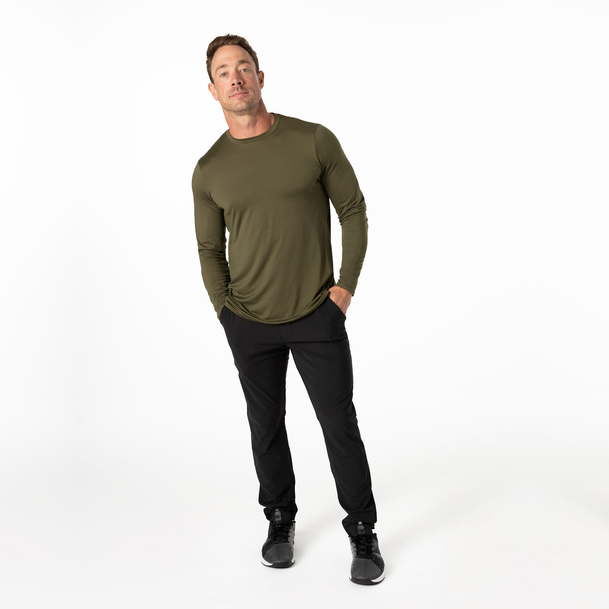 The REP Fitness Men's Delta Long Sleeve Crew T-Shirt in Heather Olive lifestyle