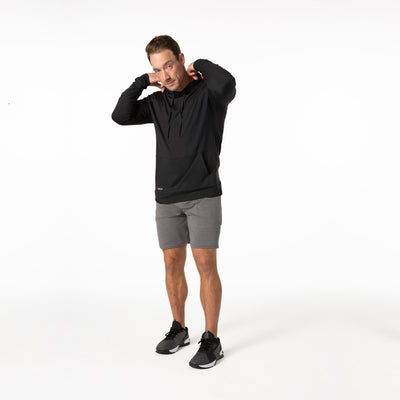 The REP Fitness Men's Apollo Hoodie in Heather Black front, looking up