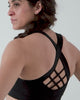 Lattis Bra Video showing people wearing and performing exercise movements in Black, Aqua Gray, and Cocoa Powder