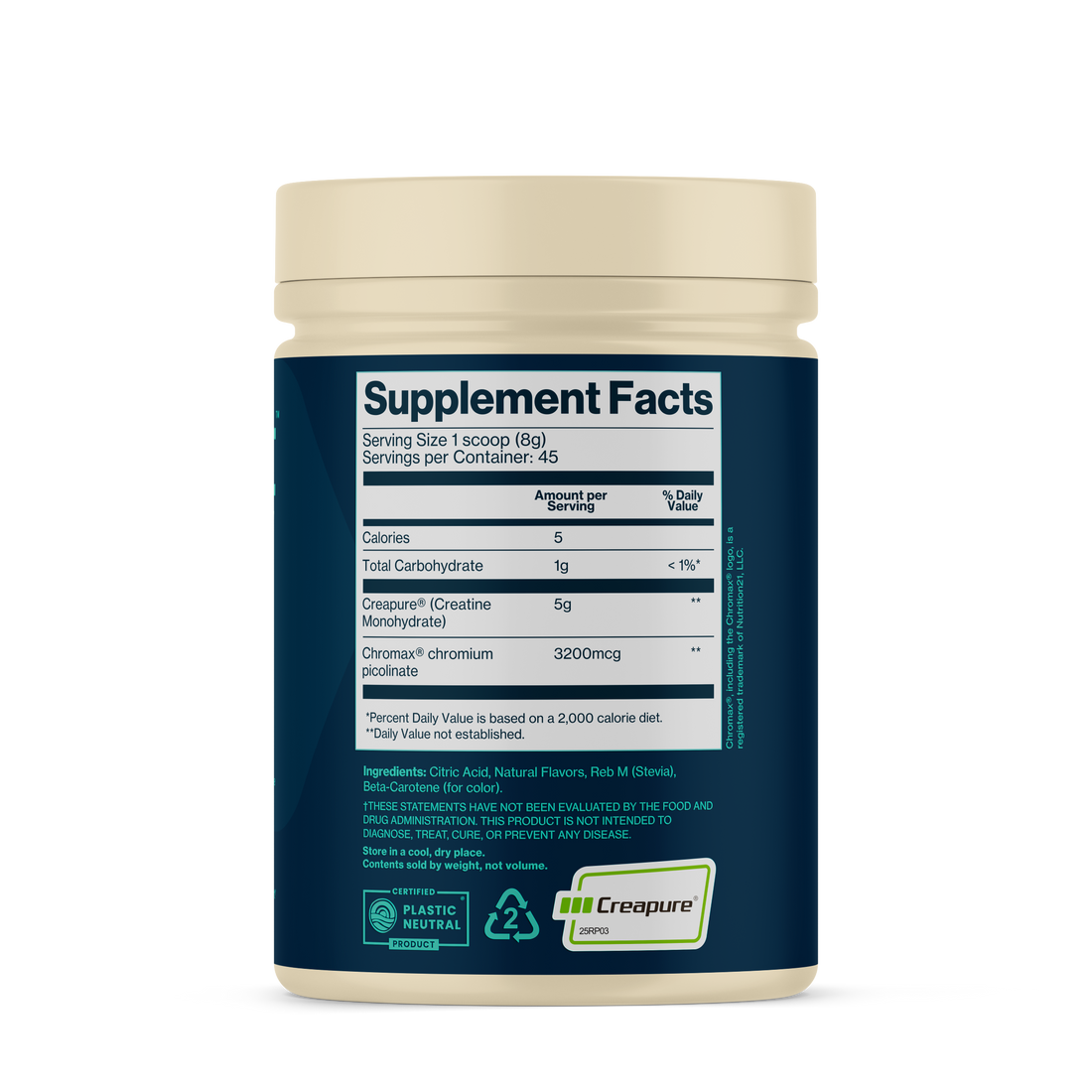 Supplement container with label showing 'Supplement Facts' on a white background
