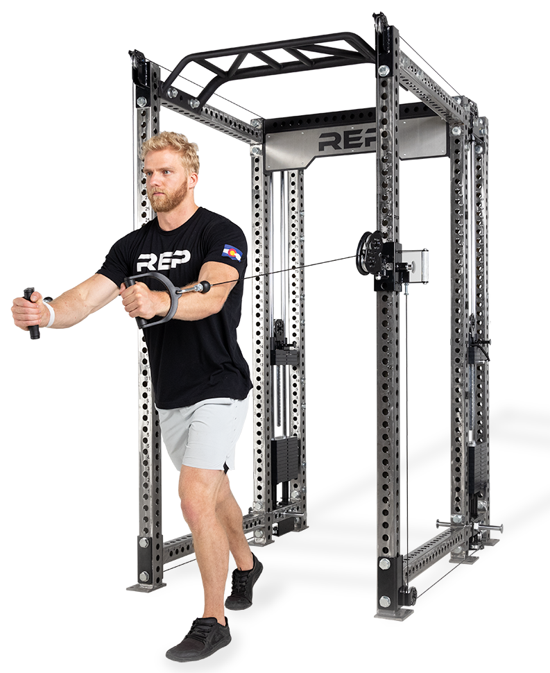 Athena Selectorized Side-Mount Functional Trainer Dual Side Shown on Clear Coat PR-5000 Power Rack Being Used For Chest Flys