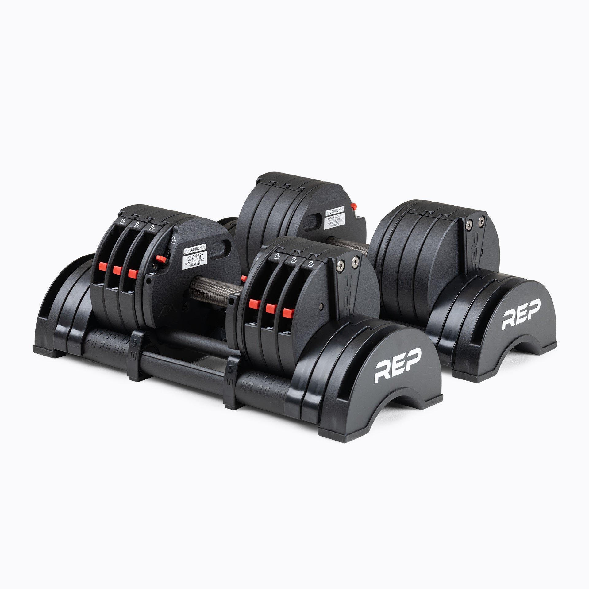 Pair of 40lb REP Fitness QuickDraw Adjustable Dumbbells.