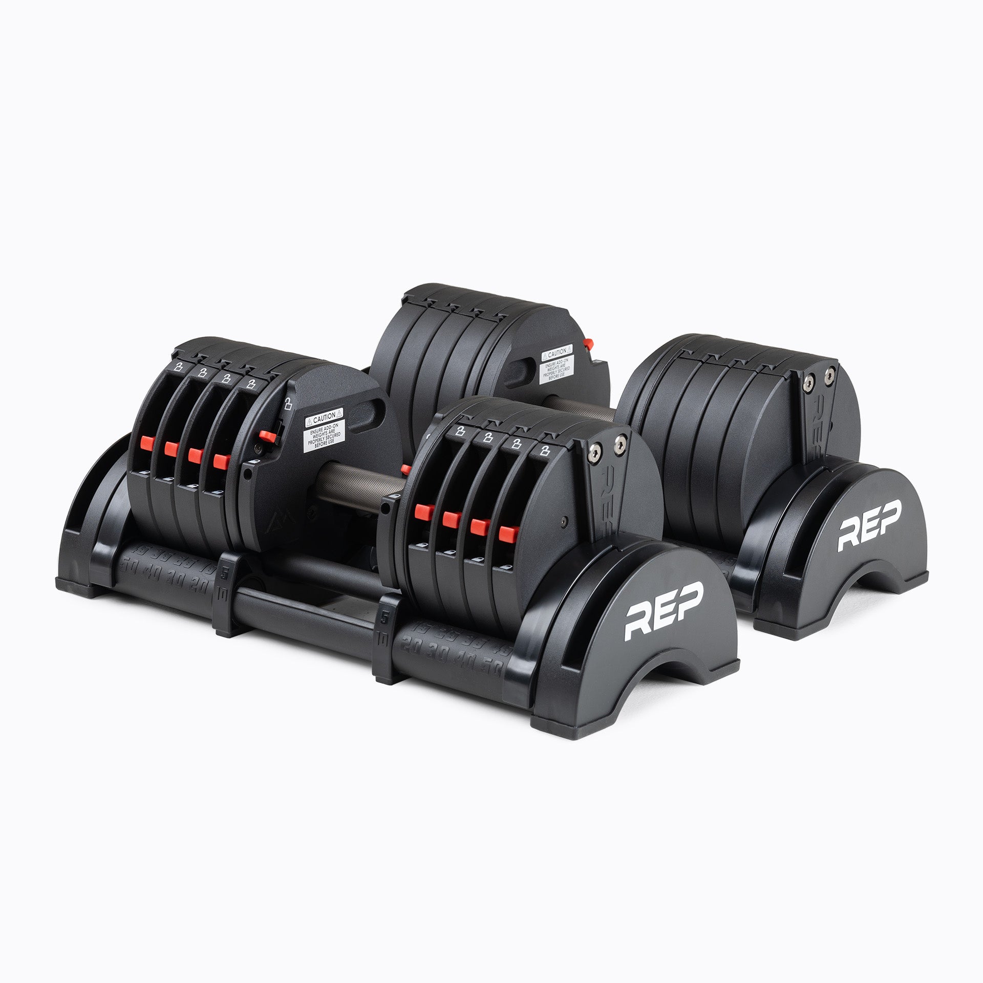 Pair of 50lb REP Fitness QuickDraw Adjustable Dumbbells.