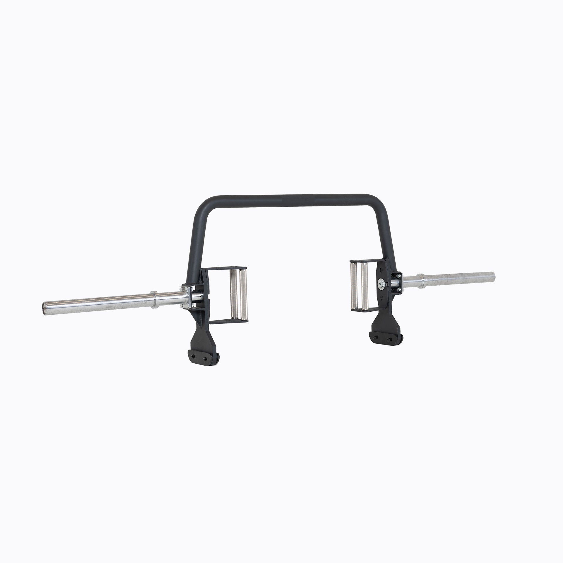 Open Trap Bar with narrow handles standing vertically on its integrated deadlift jack.