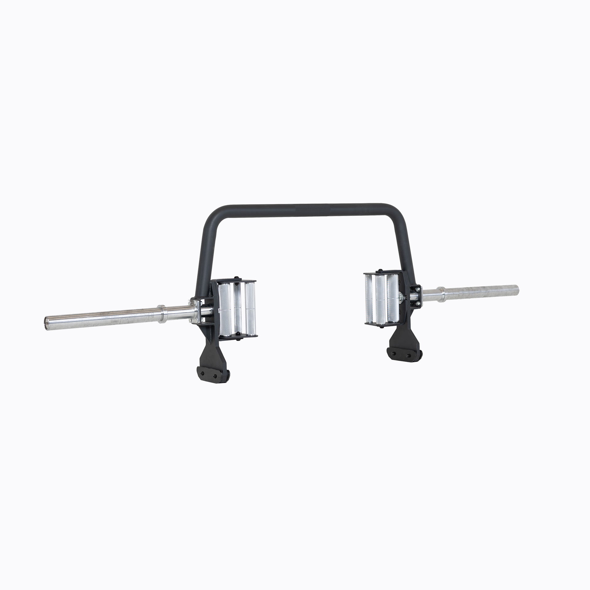 Open Trap Bar with rotating handles standing vertically on its integrated deadlift jack.
