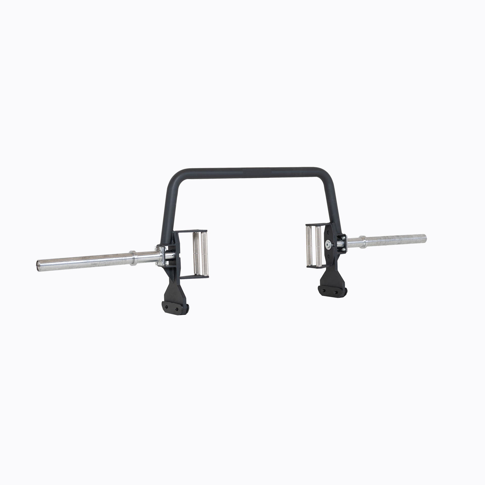 Open Trap Bar with standard handles standing vertically on its integrated deadlift jack.