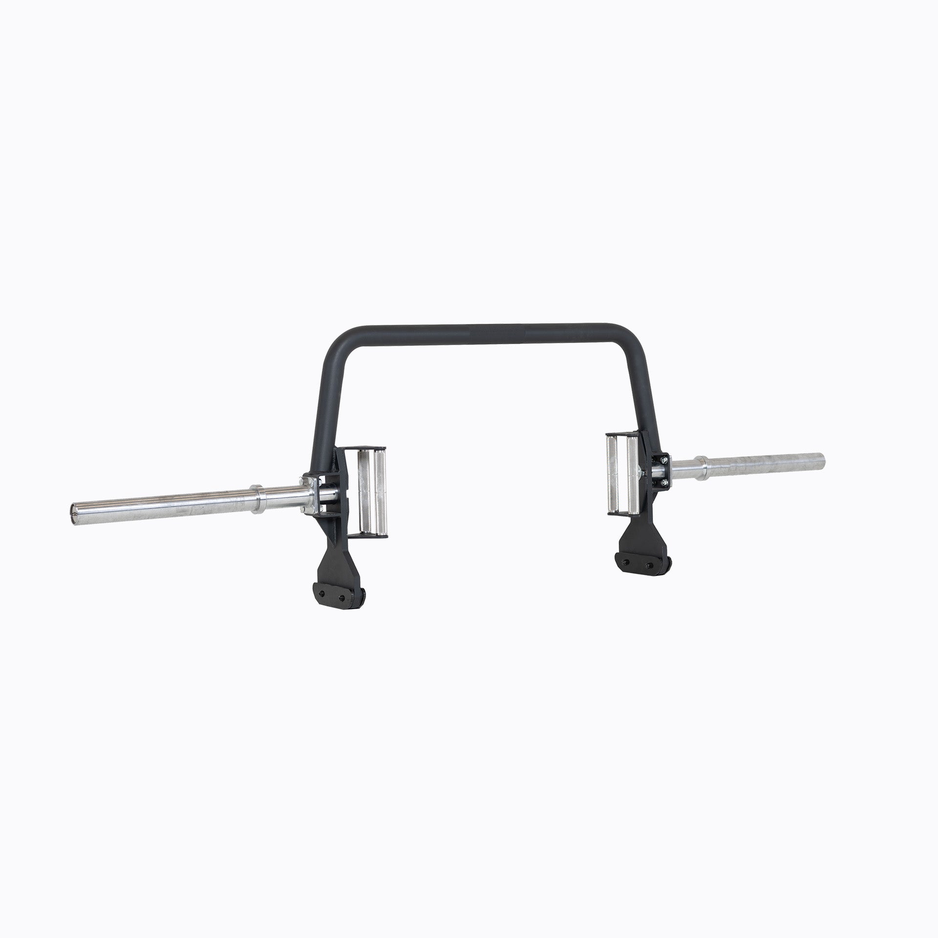 Open Trap Bar with wide handles standing vertically on its integrated deadlift jack.