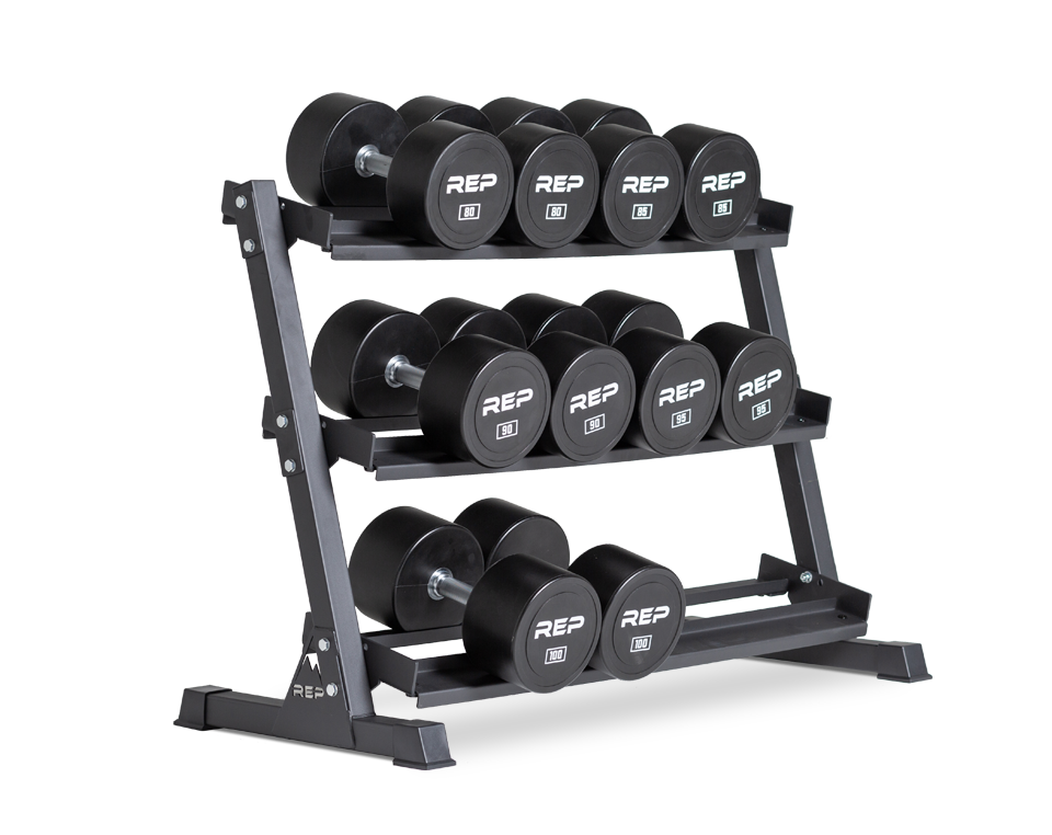 80-100lb Urethane Dumbbell Set stored on a REP Dumbbell Rack.