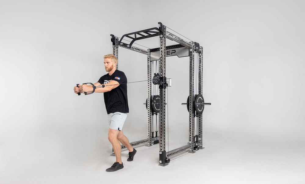 Athena Plate-Loaded Side-Mount Functional Trainer Dual Side Shown on Clear Coat PR-5000 Power Rack Being Used for Chest Flys