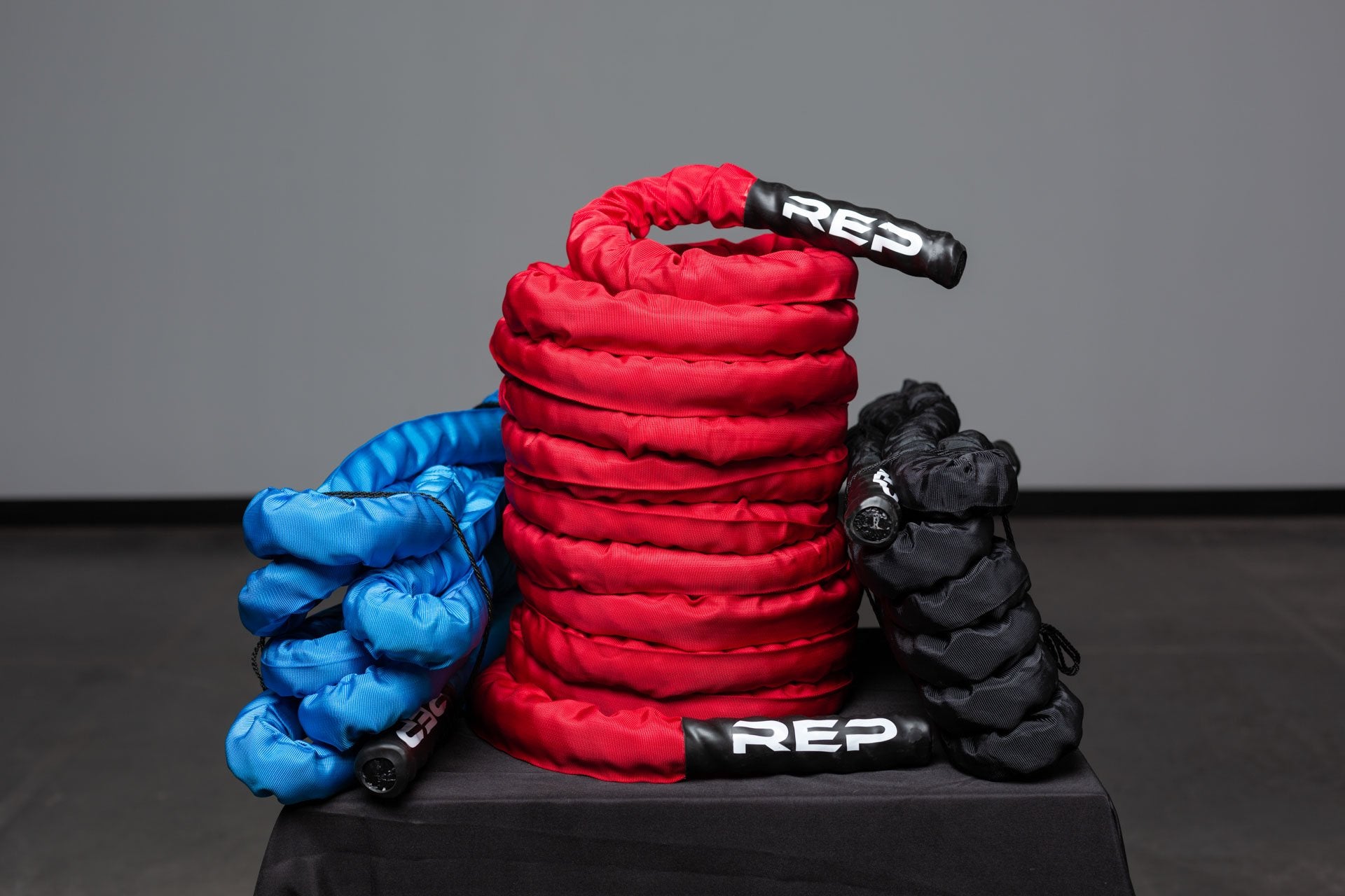 3 Battle Ropes, 1 blue, 1 red, 1 black
