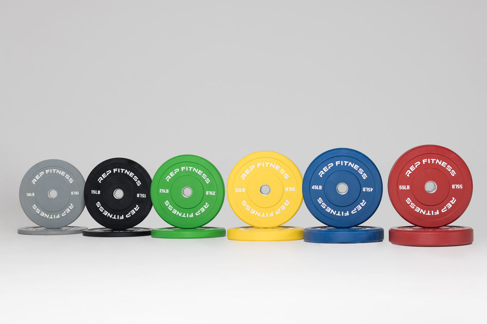 Full set of Color Bumper Plate Pairs: gray 10, black 15, green 25, yellow 35, blue 45, and red 55lb pairs.