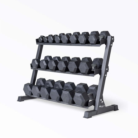 5-50lb Hex Dumbbell Set stored on a REP Dumbbell Rack.