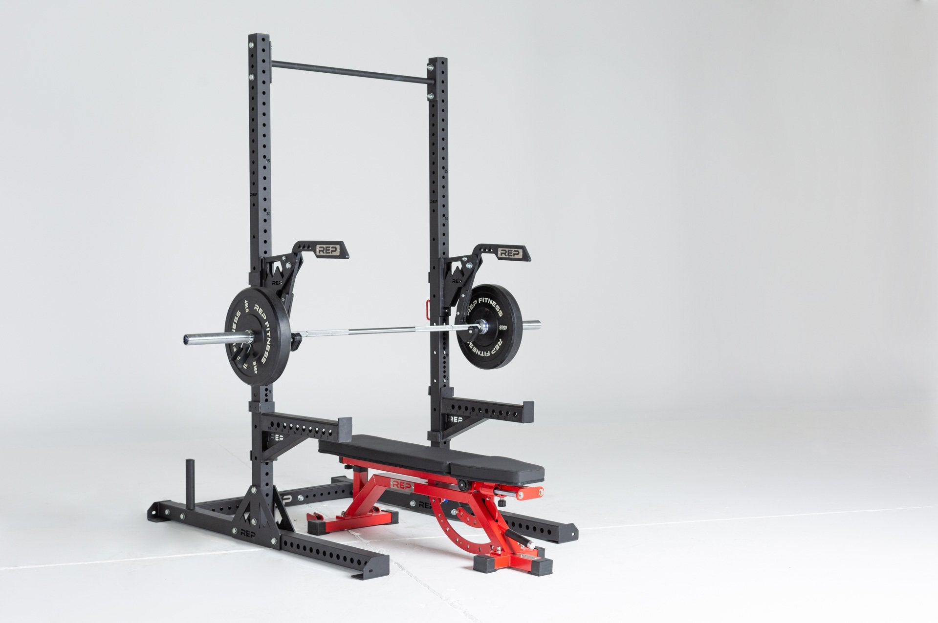 SR-4000 Squat Rack Shown With Spotter Arms  and Monolift Arms with REP adjustable bench