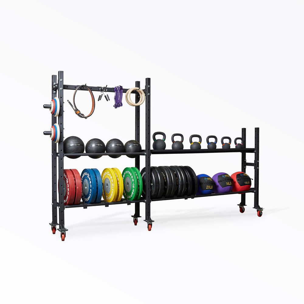 Preconfigured MSS Storage System 2 shown storing bumper plates, kettlebells, medicine balls, slam balls, change plates, and other gym equipment.