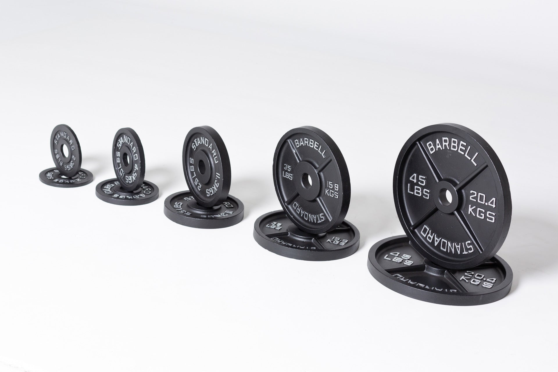 Set of Old School Iron Plate Pairs: 5, 10, 25, 35, and 45lb pairs.