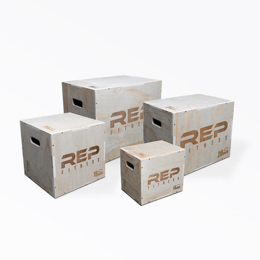 All four REP 3-in-1 Wood Plyo Box Options: small, in-between, medium, and large.