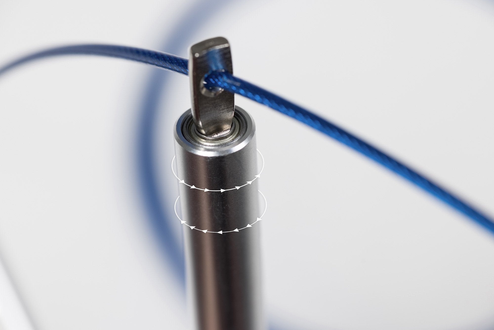 Competition Speed Rope Close Up of Ball Bearing Handle  and  Rubber-Coated Galvanized Steel Strand.
